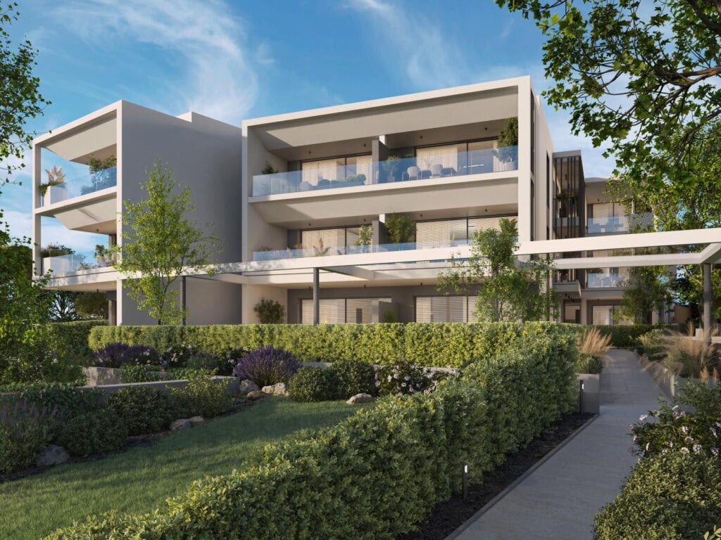 Vista della facciata moderna di Villa Olympia Residences con terrazze panoramiche e giardini curati a Desenzano del Garda