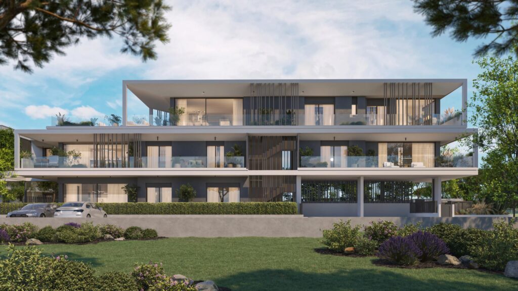 Facciata principale di Villa Olympia Residences con architettura moderna e terrazze panoramiche a Desenzano del Garda
