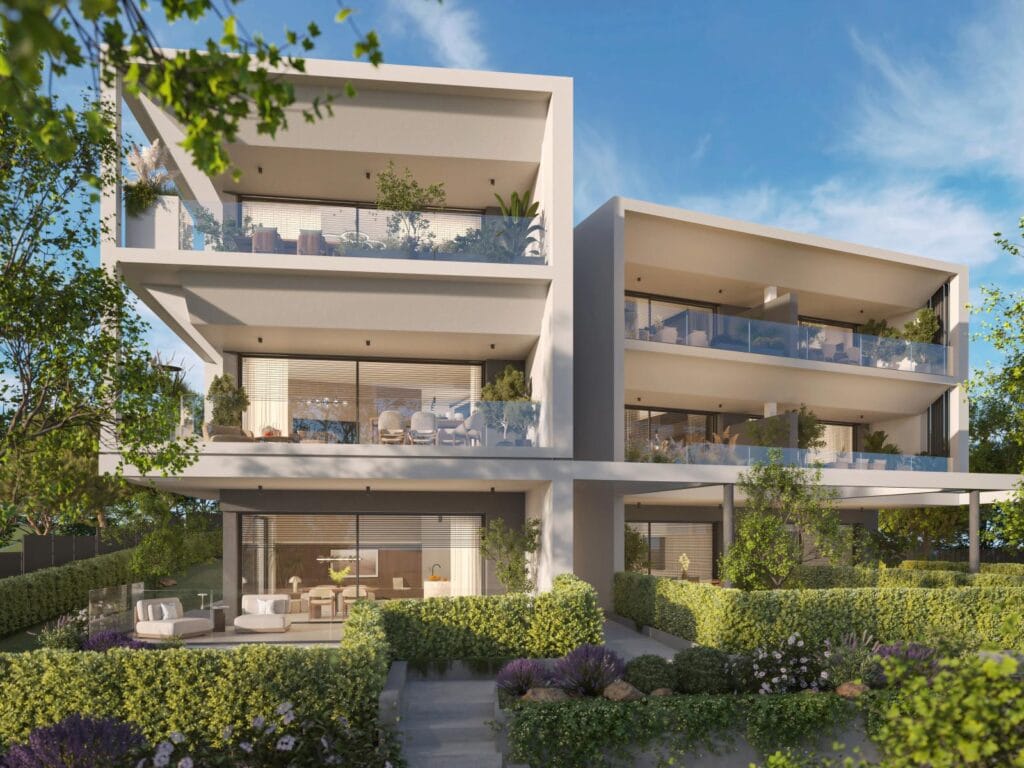 Facciata moderna di Villa Olympia Residences con terrazze panoramiche e grandi vetrate a Desenzano del Garda