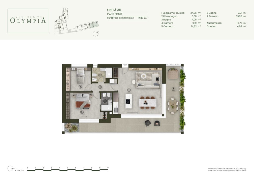 Planimetria di un appartamento con zona giorno e camere da letto spaziose.